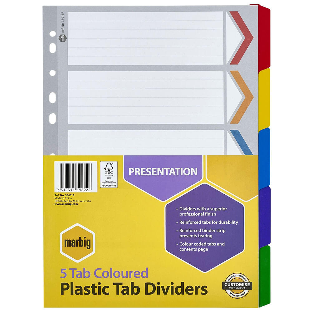 Marbig Manilla Plastic Tab Dividers A4 (farget)