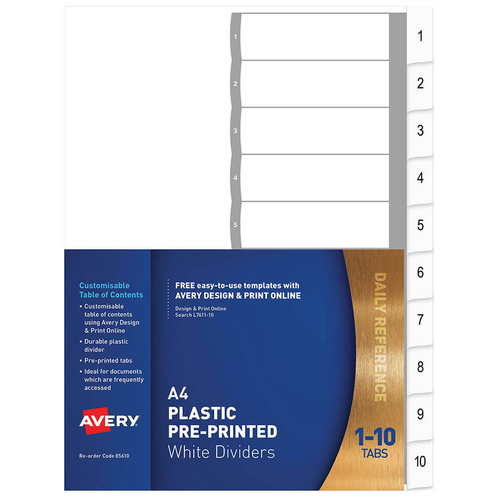 Avery Plastic pré-imprimé Dividers A4 (blanc)