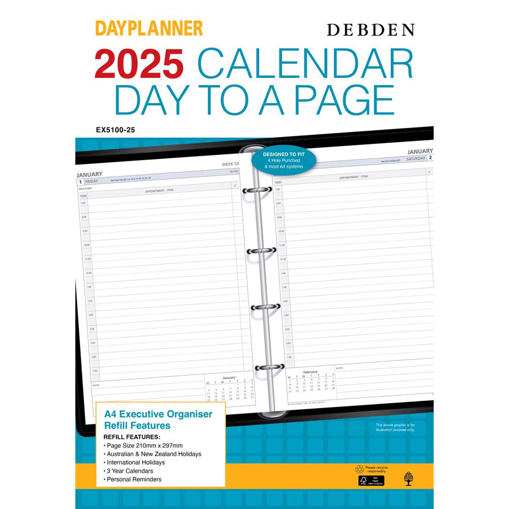 Debdenエグゼクティブ4リングA4 2025 DayPlanner Refill