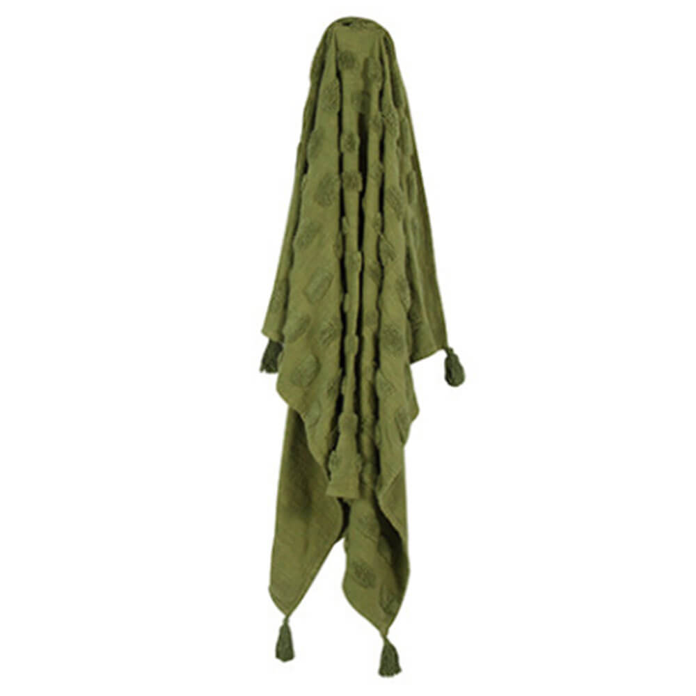 Piol Olive Green Cotton Throw W / Tassle & Tufting