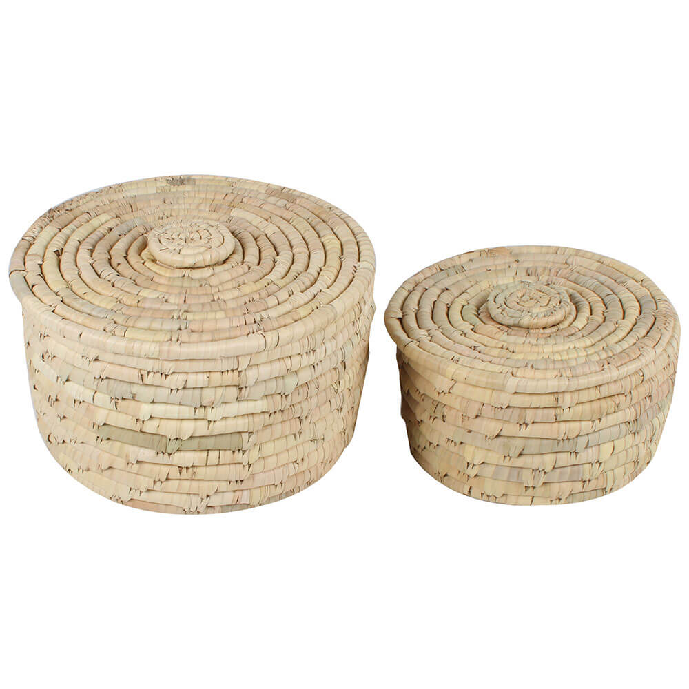 Seagrass & Date Leaf Round Basket w/ Lid 2 Sets (24x14cm)