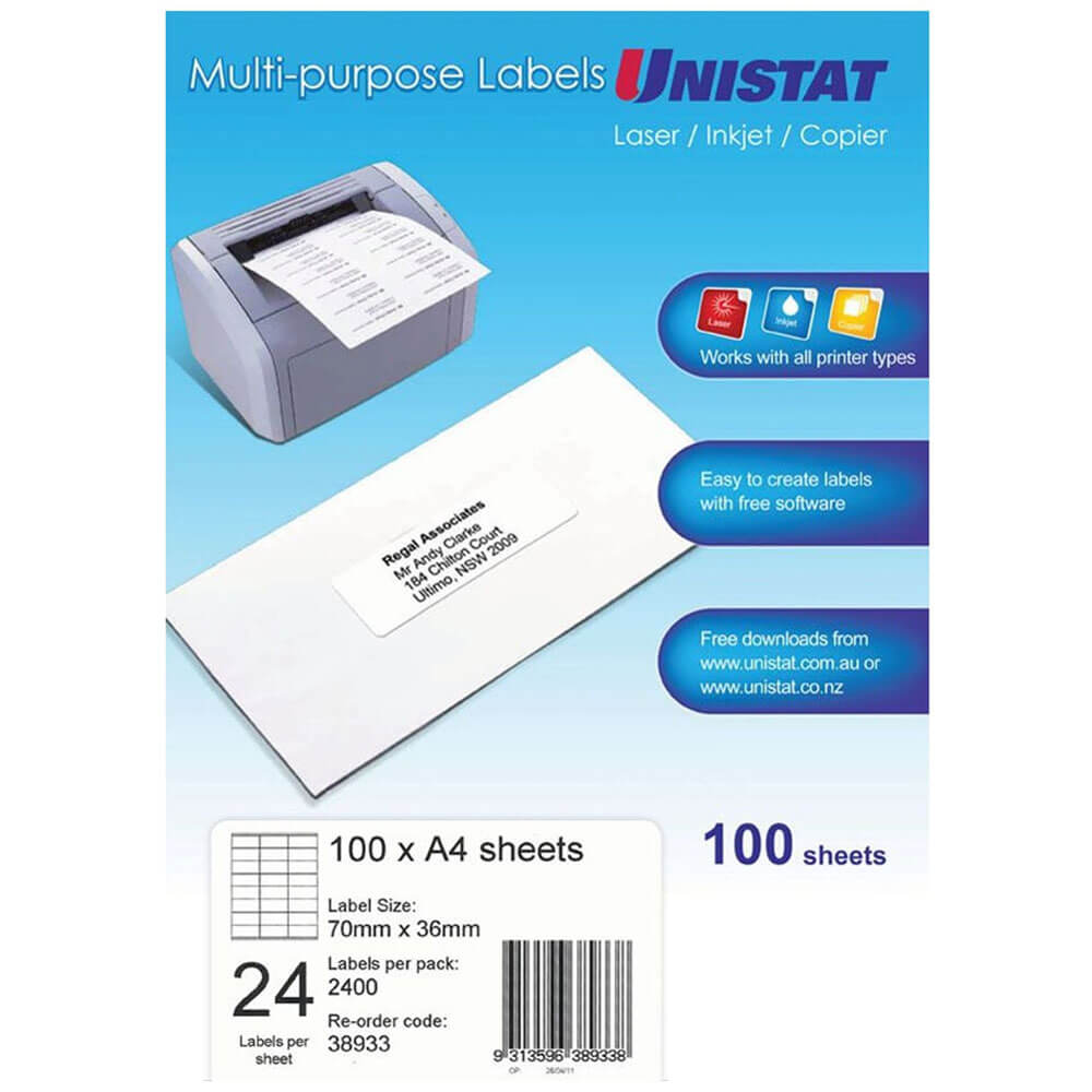 Unistat Laser/Inkjet/Copier Etichetta 100pk