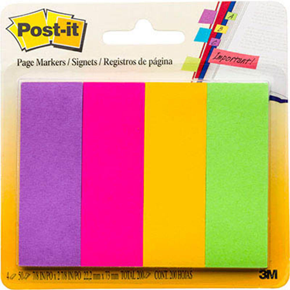 Post-it-sidemarkører 200 ark 22x73mm (4 farver)